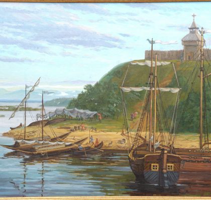 1737 г. Лето. Пристань Обдорской крепости. Флотилия Обско-Енисейского отряда дубль шлюп «Тобол» и бот «Обь-Почтальон».